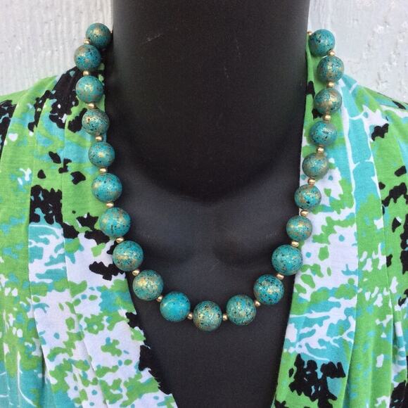 VINTAGE MARBLED TURQUOISE GOLD BEADED NECKLACE - Picture 1 of 3